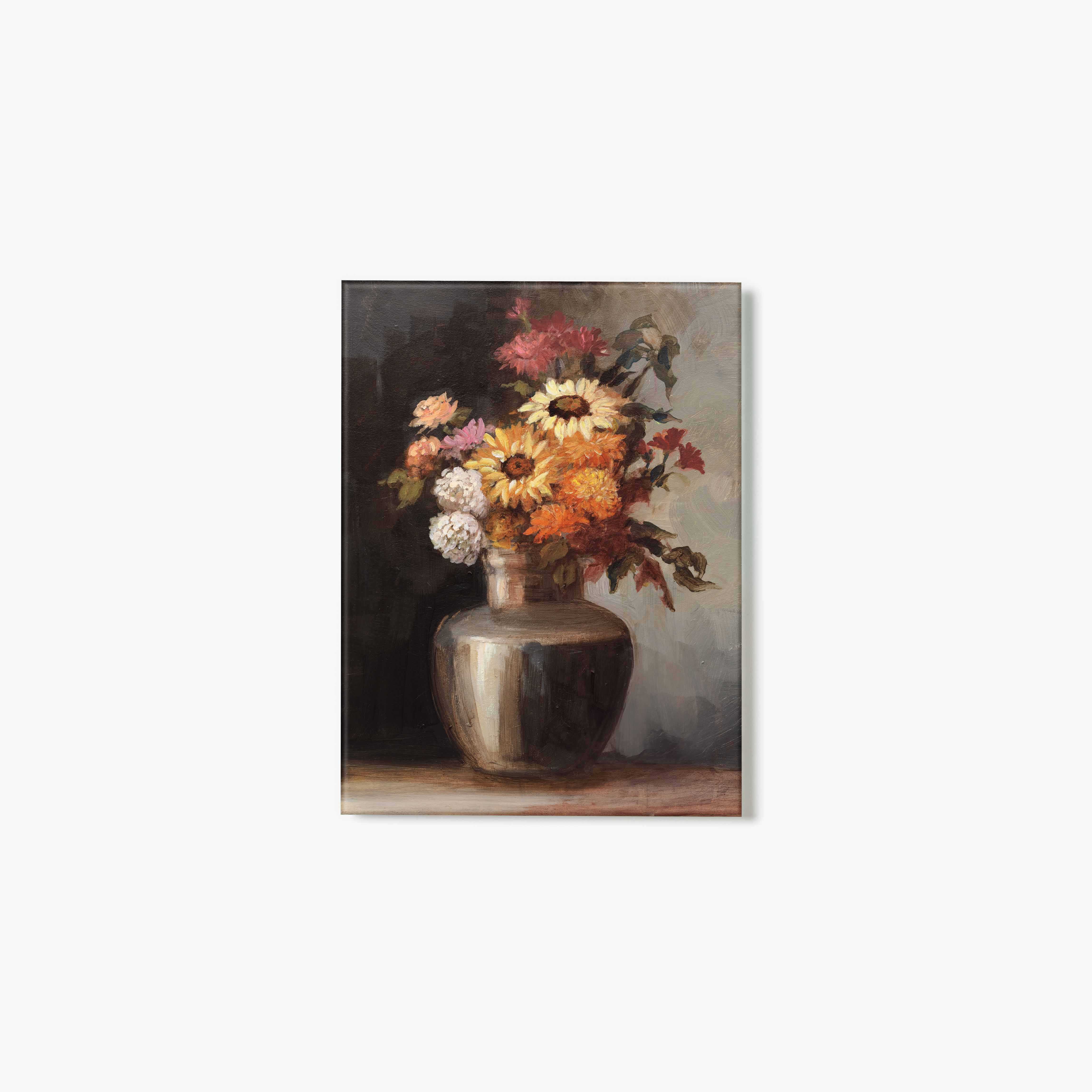 Glass print of a painting of a still life with flowers in a vase on a wooden surface.