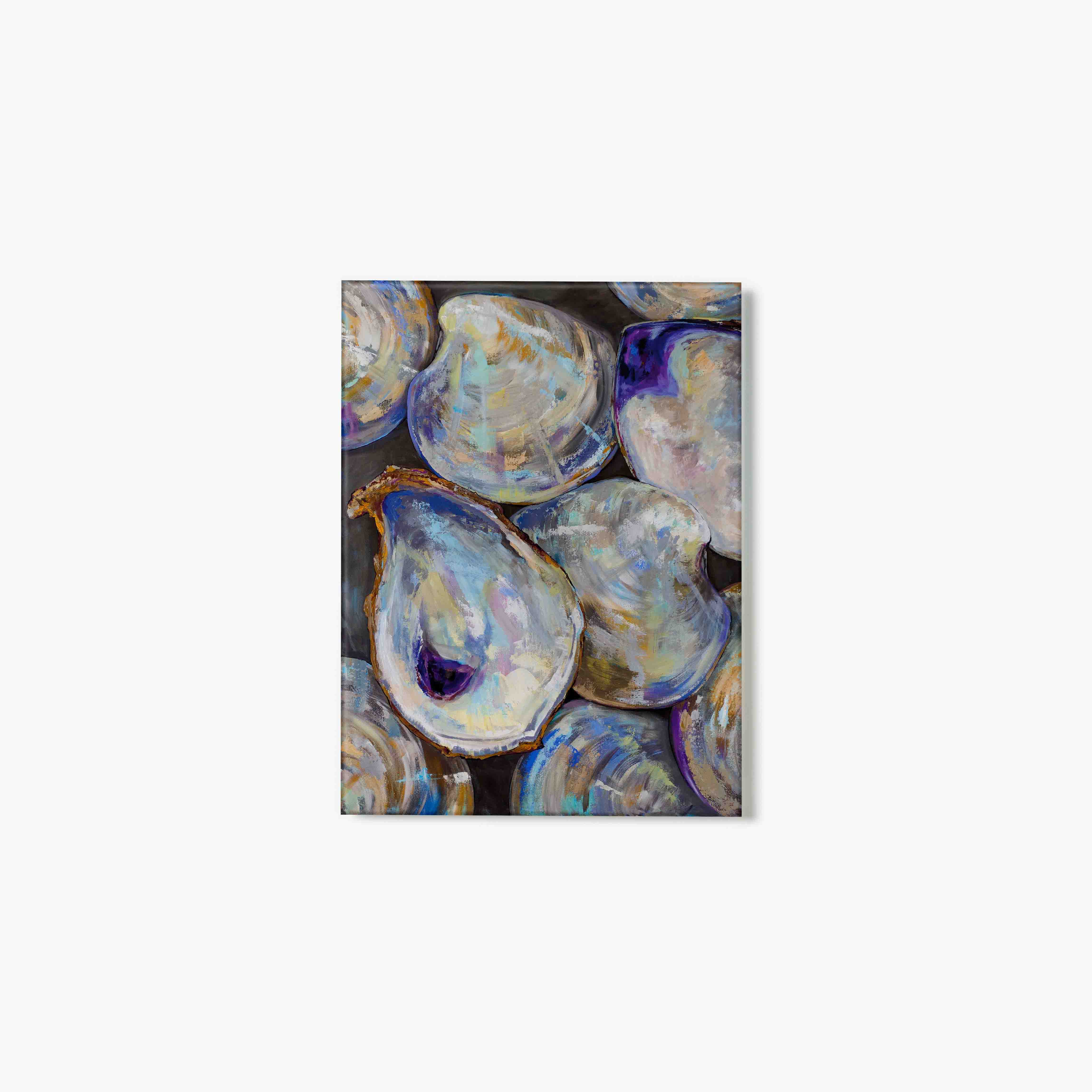 Glass print of a painting of oyster and clam shells with a colorful palette on a white background