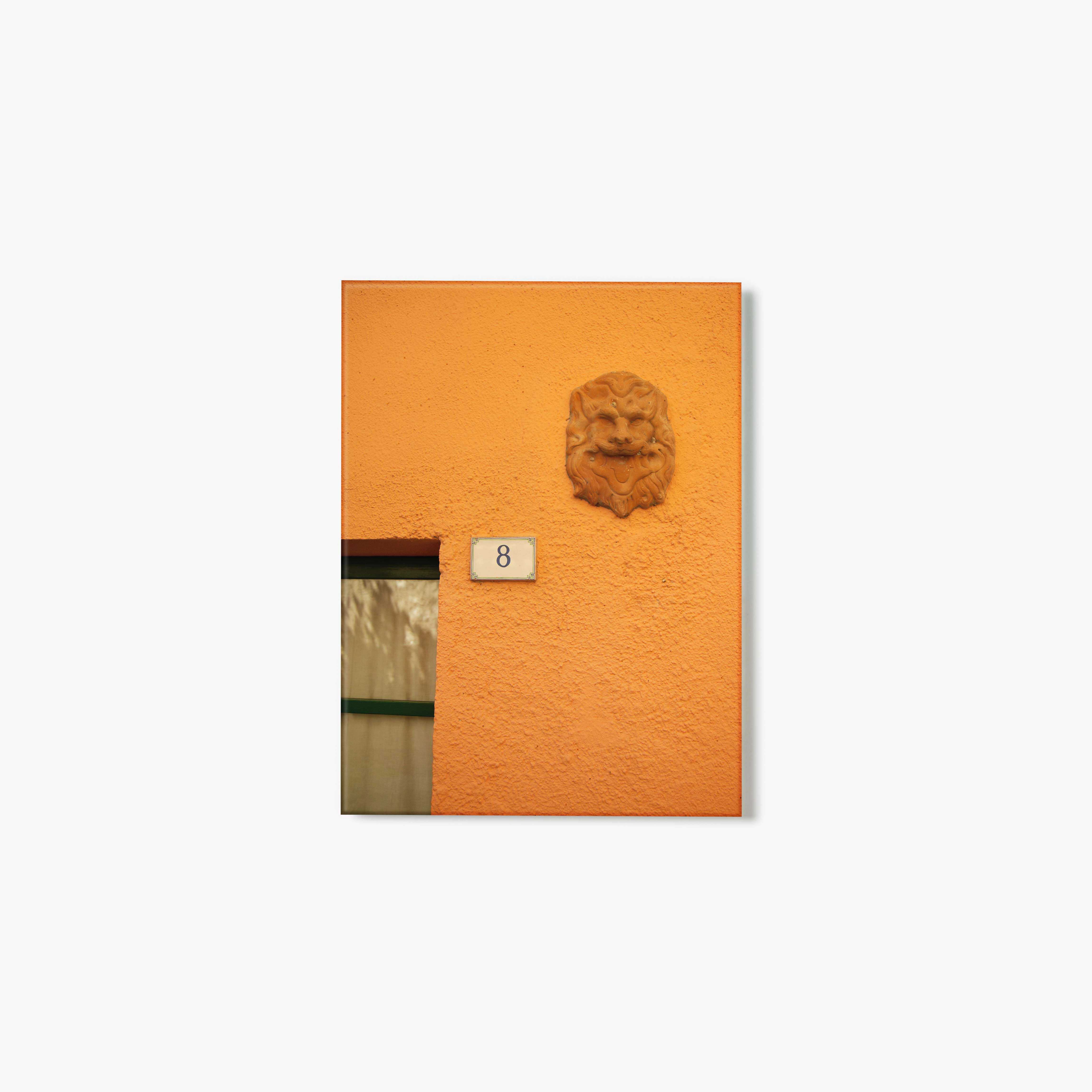 Glass print of orange wall with a lion head sculpture and number 8 sign