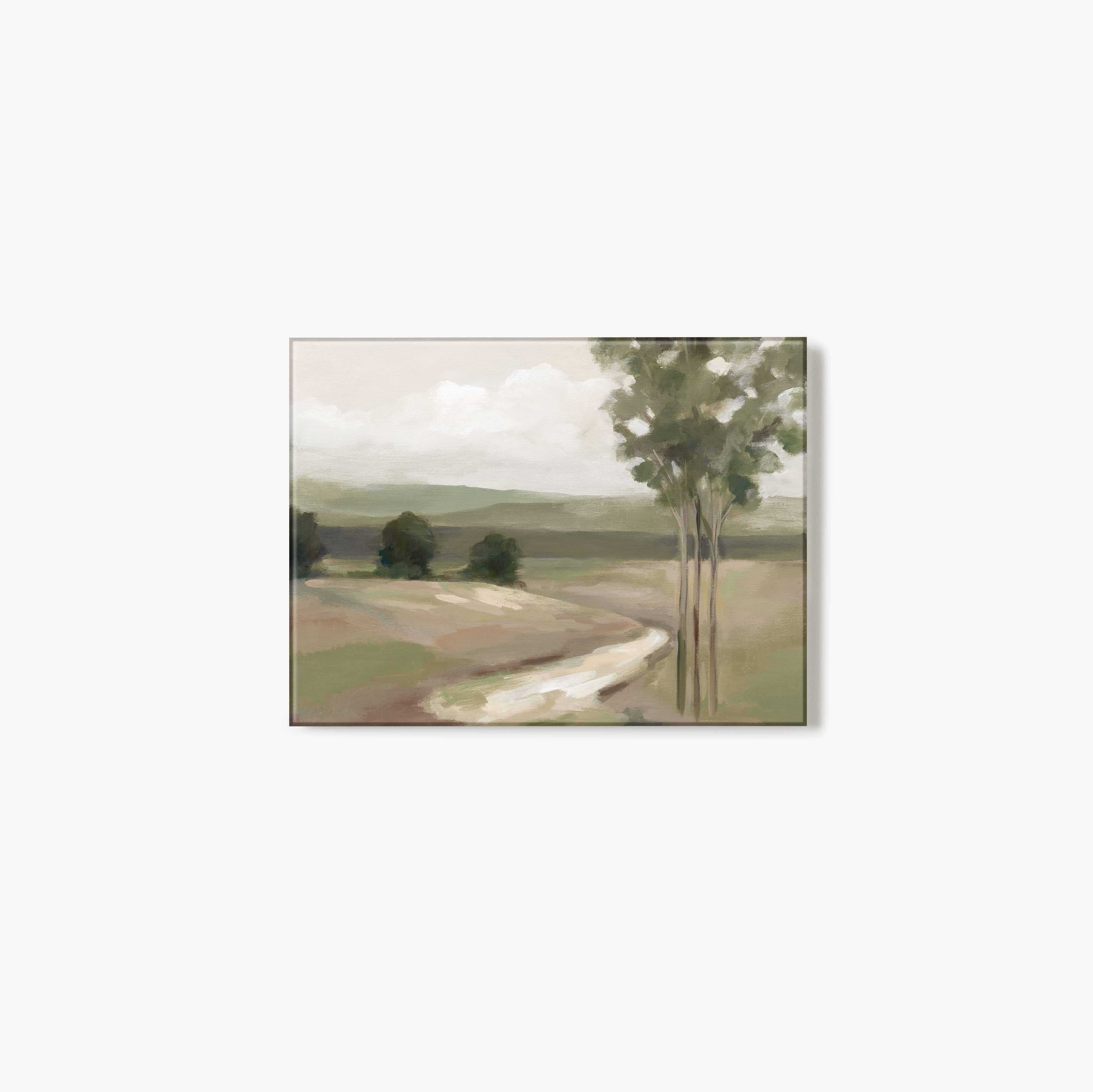 Glass print of a painting of a landscape with a tree and path on a white background.