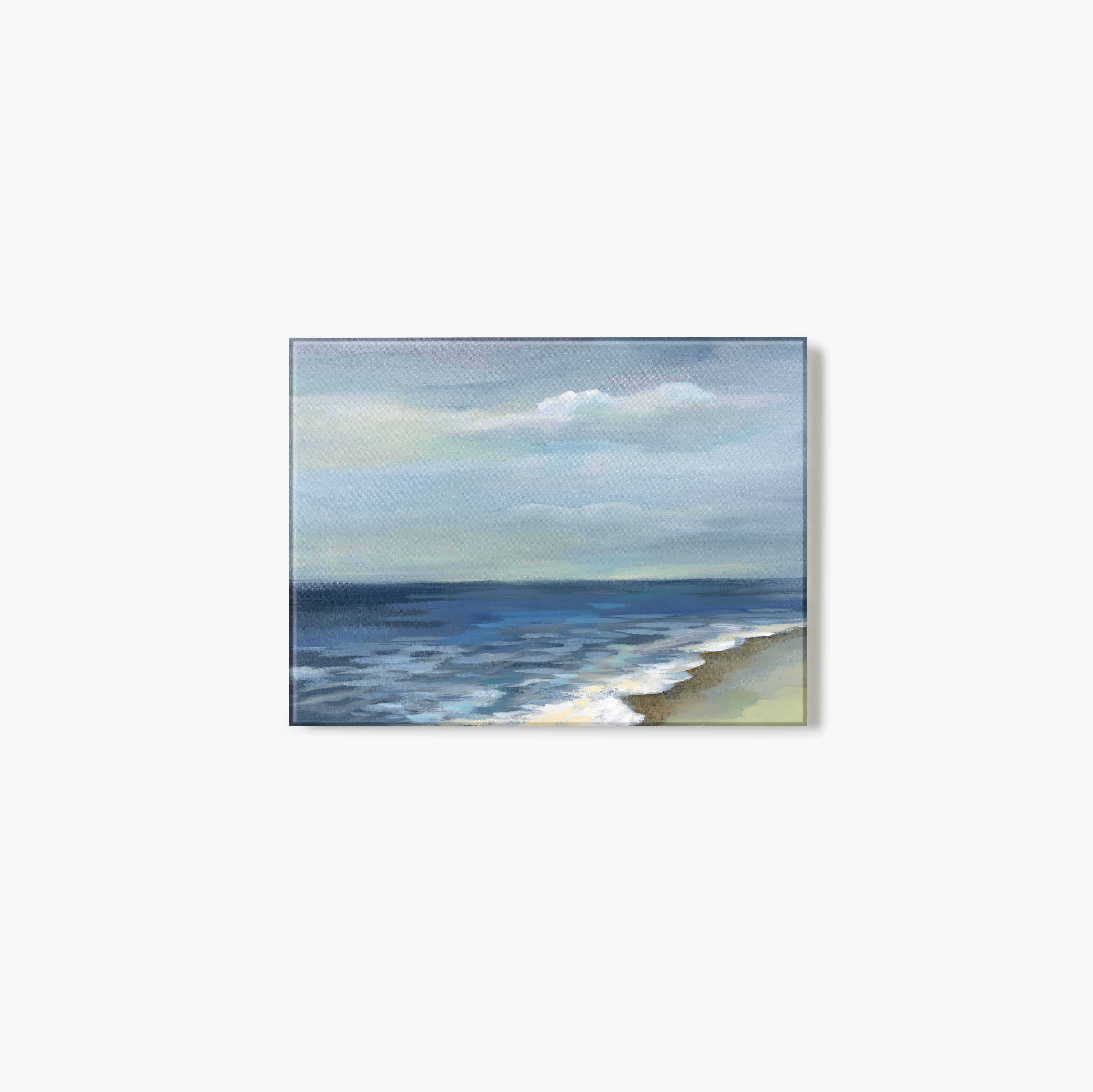 Glass print of artwork of a beach scene with ocean and sky.