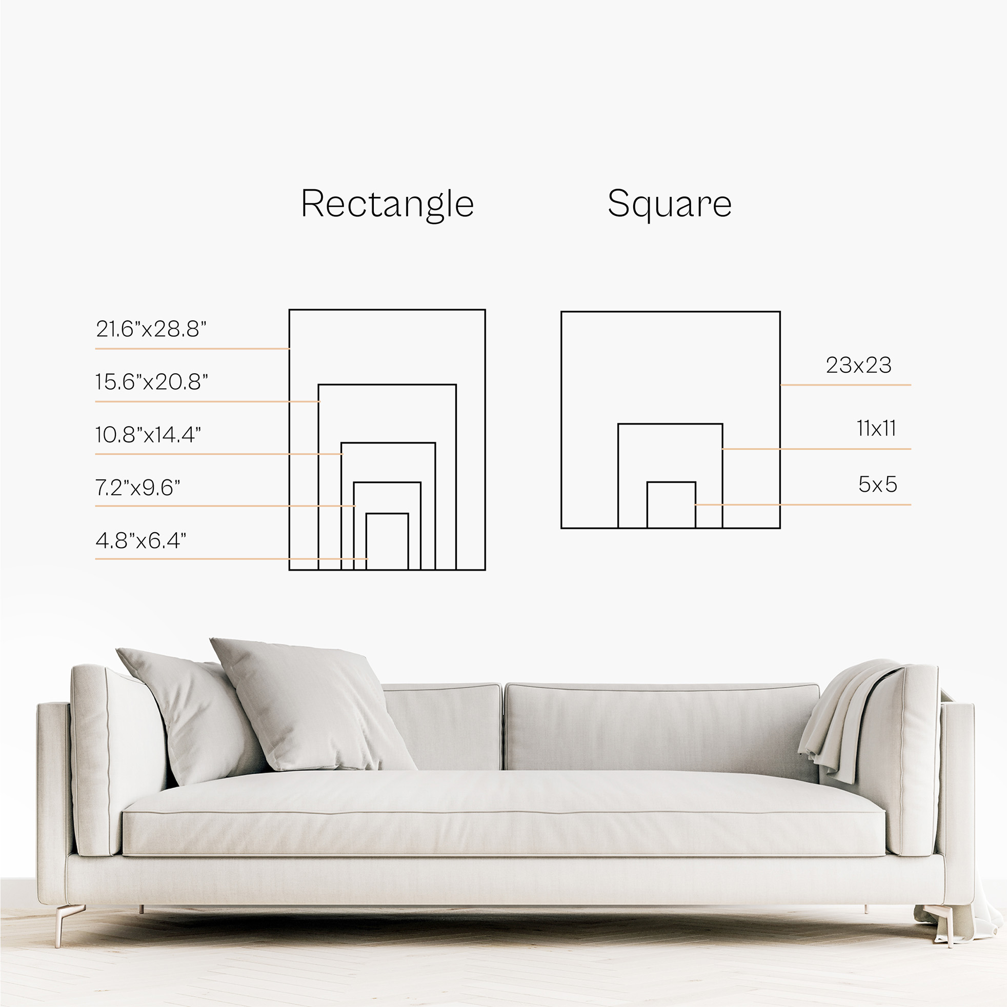 Size comparison chart showing available print sizes for Rectangle and Square formats