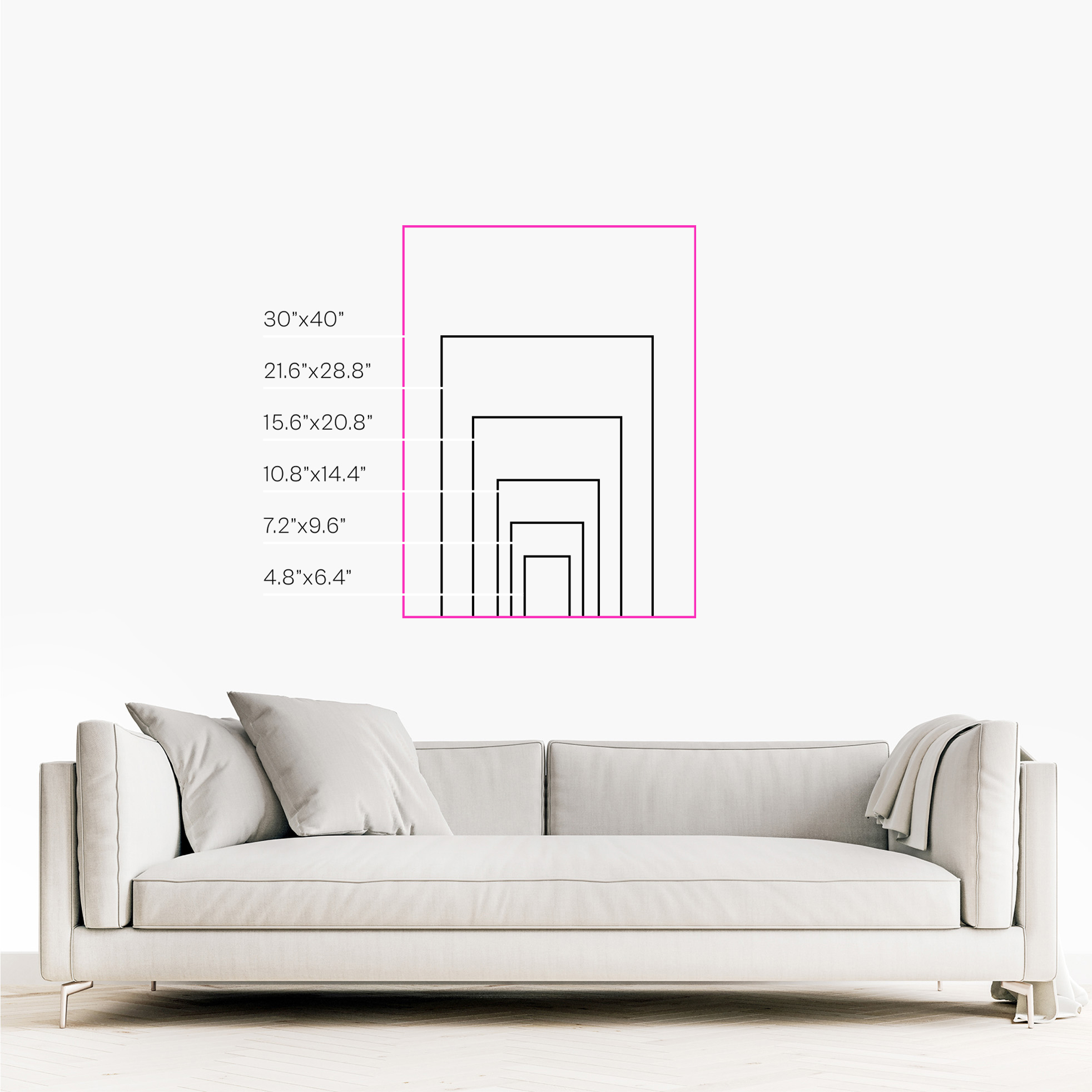 Size comparison chart showing available print sizes including Feature size (30"×40")